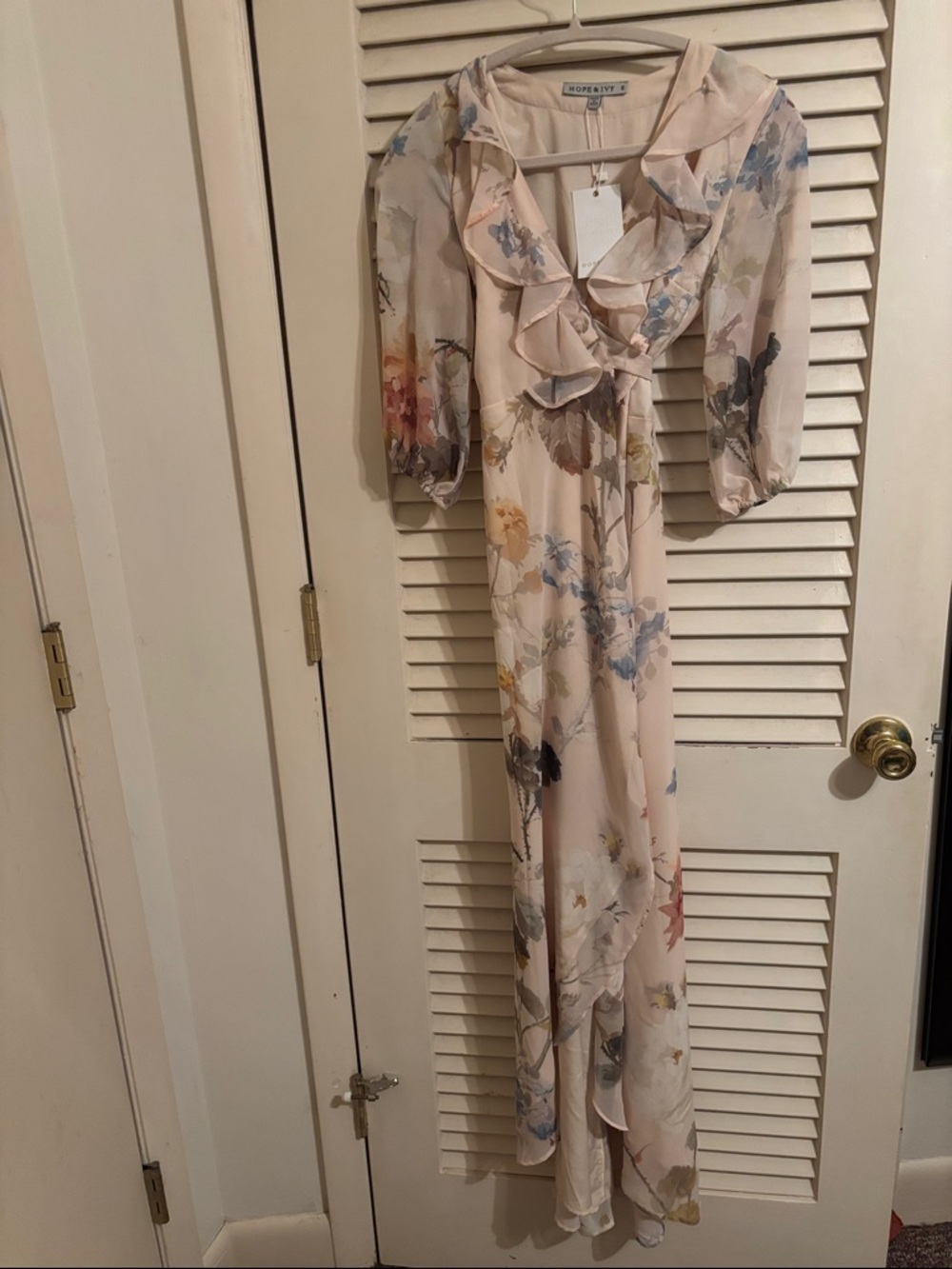 Hope & Ivy Blush Floral Ruffle-Front wrap Maxi Dress